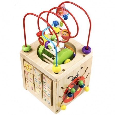 Jocuri si Jucarii - Cub cu activitati diverse 6 in 1 cu cilindru, Buburuza, din lemn