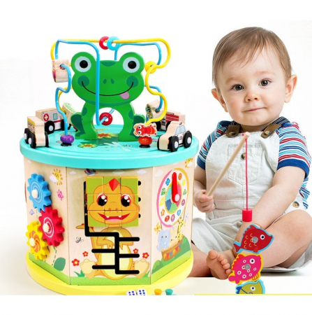 Casute si cuburi cu activitati - Cub interactiv 9 in 1 Montessori, Broscuta din lemn