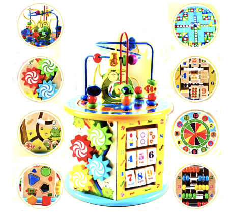 Jocuri si Jucarii - Centru De Activitati Din Lemn 8 In 1 Labirint 3D Sortator Abac Ceas 36x20x25 cm