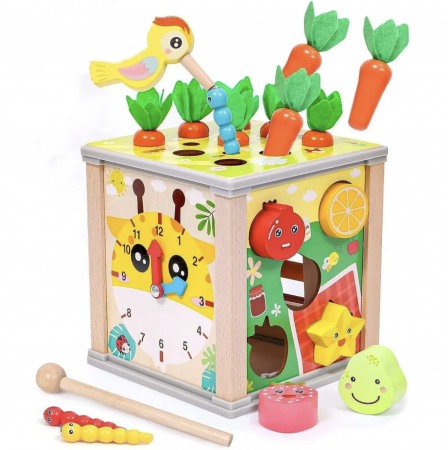Jocuri si Jucarii - Cub Montessori cu activitati, 6 in 1, Culege morcovii, din lemn