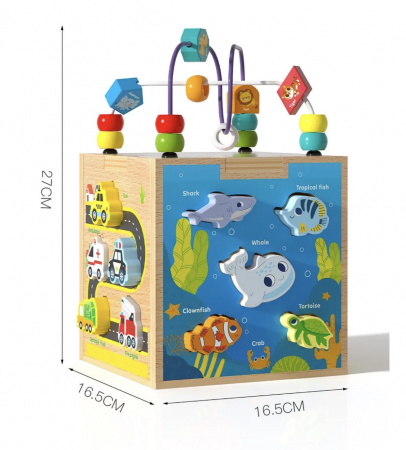 Cub Montessori cu activitati, 5 in 1, cu sortator de forme animale marine, din lemn [7]