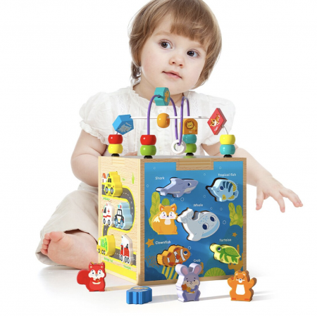 Jocuri si Jucarii - Cub Montessori cu activitati, 5 in 1, cu sortator de forme animale marine, din lemn