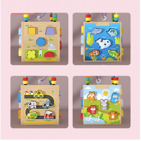 Cub Montessori cu activitati, 5 in 1, cu sortator de forme animale marine, din lemn [5]