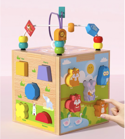 Cub Montessori cu activitati, 5 in 1, cu sortator de forme animale marine, din lemn [2]
