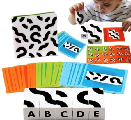 Jocuri si Jucarii - Cuburi Grafice Alb-Negru Montessori, din Lemn – Joc de Logica si Dezvoltare Cognitiva