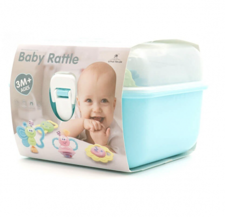 Jucarii senzoriale - dentitie, zornaitoare, de patut si carucior - Cutie cu set 8 jucarii zornaitoare cu suprafete moi siliconate pentru dentitia bebelusilor, bleu