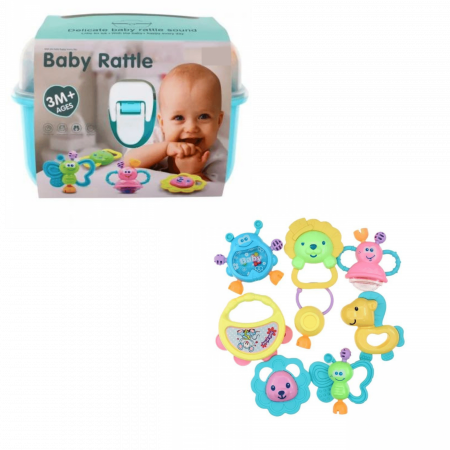 Cutie cu set 8 jucarii zornaitoare cu suprafete moi siliconate pentru dentitia bebelusilor, bleu [2]