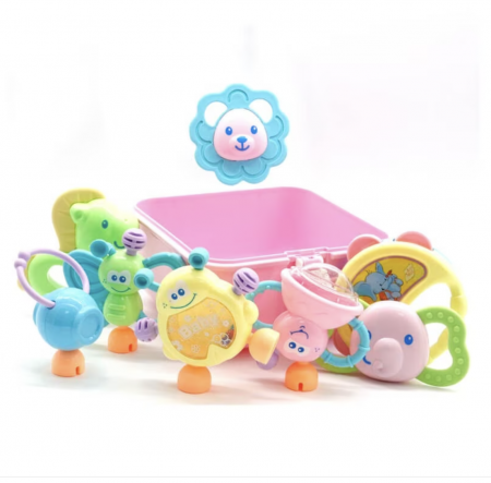 Jucarii senzoriale - dentitie, zornaitoare, de patut si carucior - Cutie cu set 8 jucarii zornaitoare cu suprafete moi siliconate pentru dentitia bebelusilor, roz