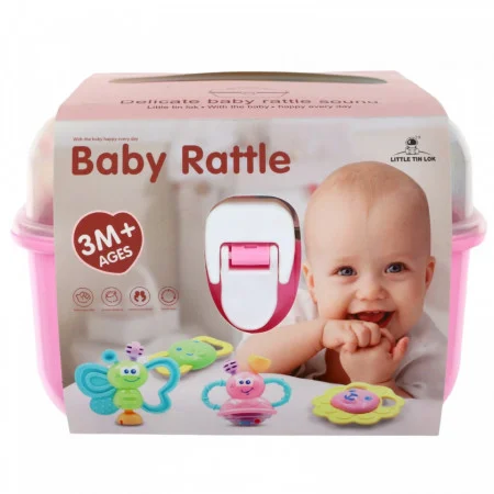 Cutie cu set 8 jucarii zornaitoare cu suprafete moi siliconate pentru dentitia bebelusilor, roz [7]