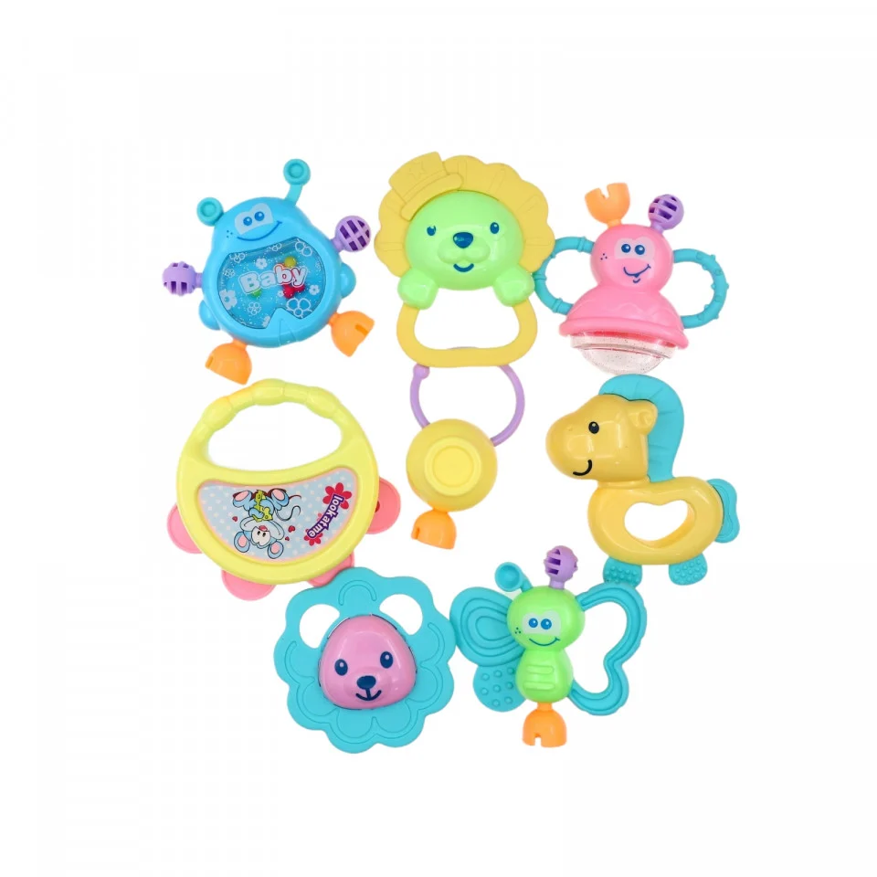 Cutie cu set 8 jucarii zornaitoare cu suprafete moi siliconate pentru dentitia bebelusilor, roz [3]