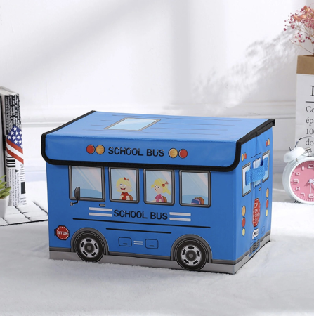 Patuturi si mobilier pentru camera copilului - Cutie pentru Depozitare Autobuzul Scolar, Pliabila cu Capac, albastru