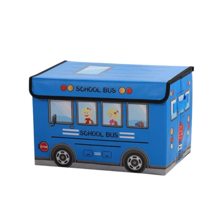 Patuturi si mobilier pentru camera copilului - Cutie pentru Depozitare Autobuzul Scolar, Pliabila cu Capac, albastru