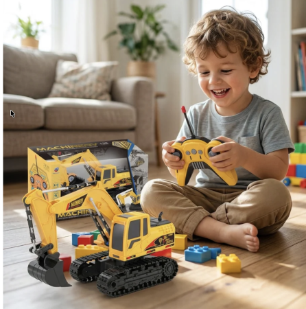 Jocuri si Jucarii - Excavator Cu Telecomanda Pe Senile Cabina Rotativa 360 Scara 1:30 Galben 3 Ani