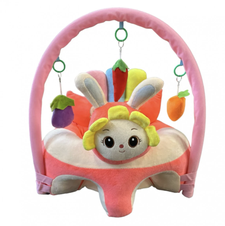 Fotolii din plus pentru copii - Fotoliu bebelusi cu spatar, sustinere picioare si arcada cu jucarii, Iepurasul Floricica roz