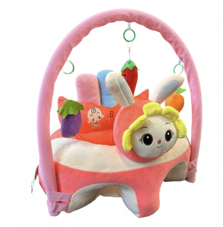Fotolii din plus pentru copii - Fotoliu bebelusi cu spatar, sustinere picioare si arcada cu jucarii, Iepurasul Floricica roz