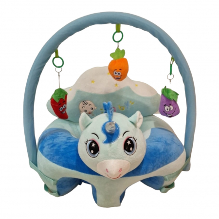 Fotolii din plus pentru copii - Fotoliu bebelusi cu spatar, sustinere picioare si arcada cu jucarii, Unicornul bleu