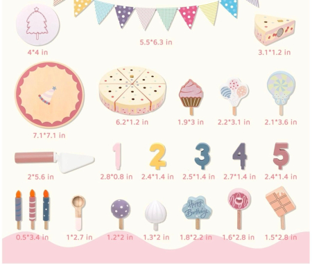 Jucarie lemn Tort aniversar Montessori, cu 24 accesorii, din lemn, roz [6]