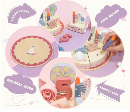 Jucarie lemn Tort aniversar Montessori, cu 24 accesorii, din lemn, roz [3]