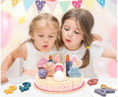 Jucarie lemn Tort aniversar Montessori, cu 24 accesorii, din lemn, roz [7]
