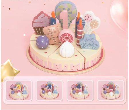 Jucarie lemn Tort aniversar Montessori, cu 24 accesorii, din lemn, roz [8]