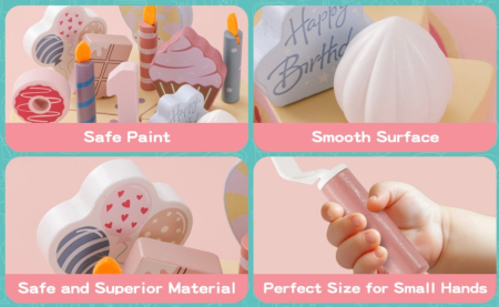 Jucarie lemn Tort aniversar Montessori, cu 24 accesorii, din lemn, roz [11]