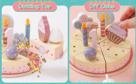 Jucarie lemn Tort aniversar Montessori, cu 24 accesorii, din lemn, roz [10]