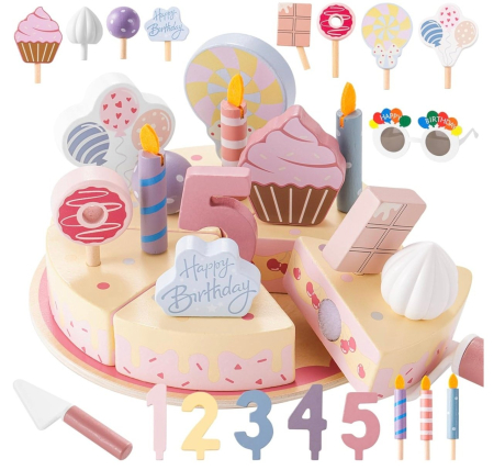 Jucarie lemn Tort aniversar Montessori, cu 24 accesorii, din lemn, roz [9]