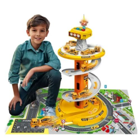 Jocuri si Jucarii - Garaj auto de Autoutilitare cu pista circulara 3 nivele, sunete, covor si 3 masini