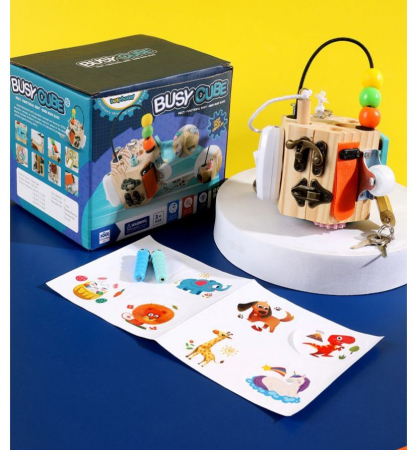 Joc Cub Busy Board cu 14 activitati, multifunctional, din lemn [12]