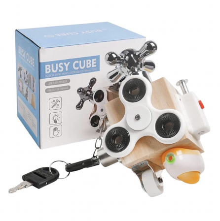 Jocuri si Jucarii - Joc Cub Busy Board cu chei si spinner, multifunctional, 7 in 1 tine-l ocupat