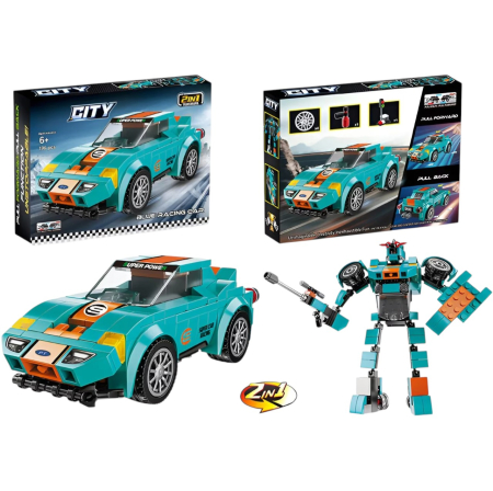 Jocuri si Jucarii - Joc de construit 2 in 1 masina de curse pull back si robot, 196 piese