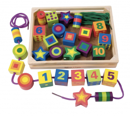 Jucarii din LEMN - de tip Montessori - Joc de snuruit formele si cifrele Colorate, 27 piese, din lemn