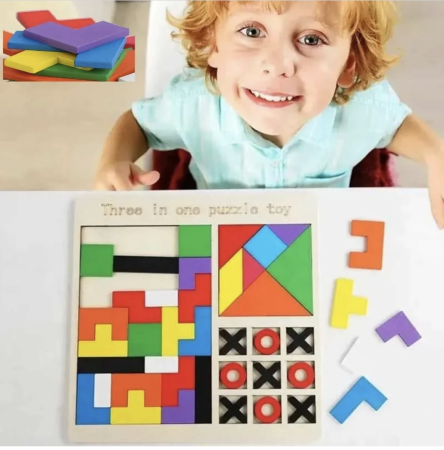 Joc din lemn 3 in 1 – Tetris, Tangram, X si 0 – multicolor [3]