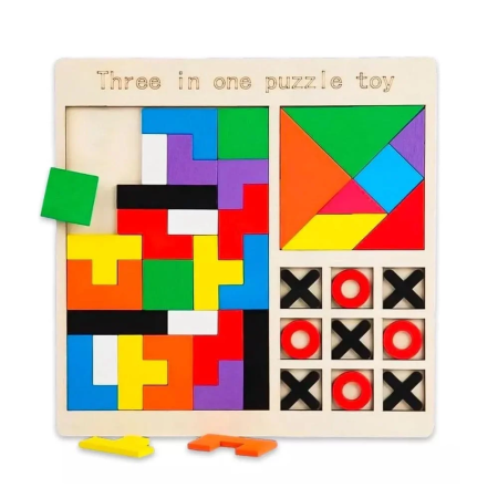 Jocuri si Jucarii - Joc din lemn 3 in 1 – Tetris, Tangram, X si 0 – multicolor