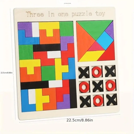 Jocuri si Jucarii - Joc din lemn 3 in 1 – Tetris, Tangram, X si 0 – multicolor