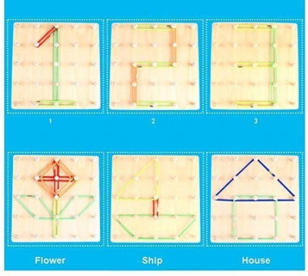 Joc din lemn Montessori Geoboard Snururi si Elastice cu 2 table [6]