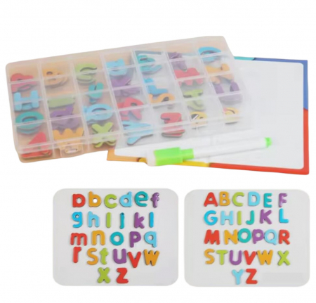 Jocuri magnetice - Joc educational cu tabla magnetica - Alfabetar cu litere mici si mari, 130 piese