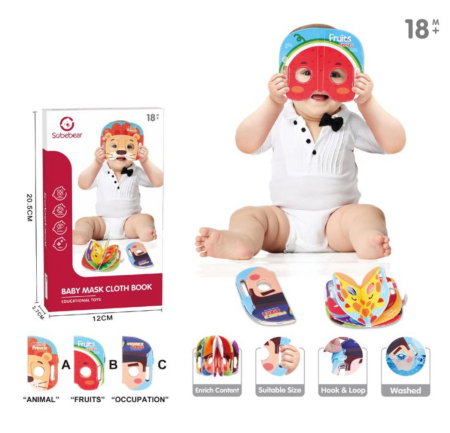 Jucarii pentru bebe - Joc educational si roluri pentru bebelusi - Carte textila cu masti