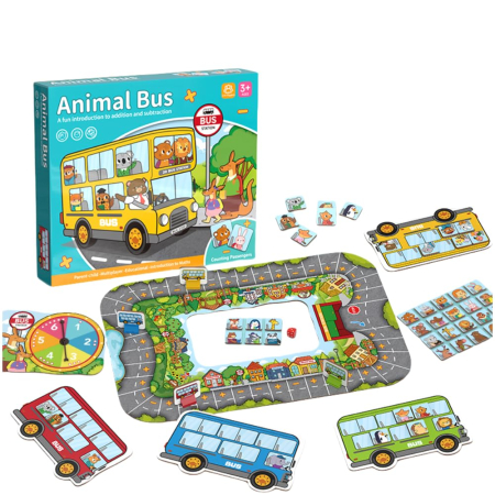 Jocuri si Jucarii - Joc educativ de societate Animal Bus, adunare si scadere cu zar si ruleta, 2-4 jucatori, 3-8 ani