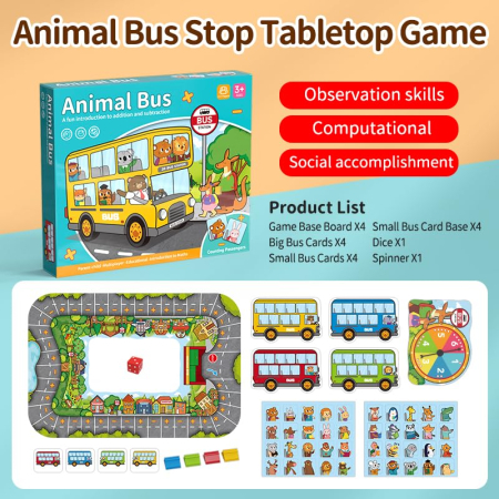 Jocuri si Jucarii - Joc educativ de societate Animal Bus, adunare si scadere cu zar si ruleta, 2-4 jucatori, 3-8 ani