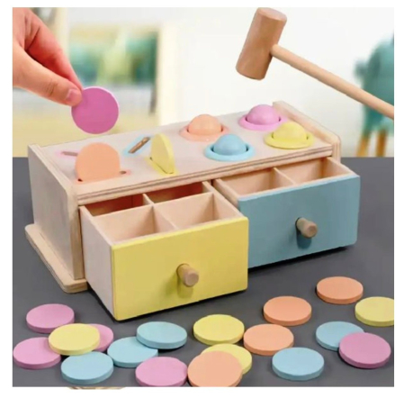 Joc educativ Montessori Cutia cu sertare sortatoare, pastel, din lemn [2]