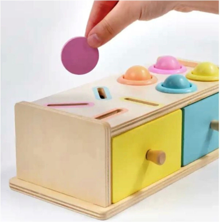 Joc educativ Montessori Cutia cu sertare sortatoare, pastel, din lemn [4]