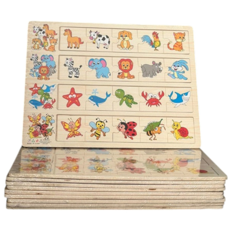 Jocuri si Jucarii - Joc educativ Plansa din lemn cu 4 categorii de puzzle de asociere, ANIMALE