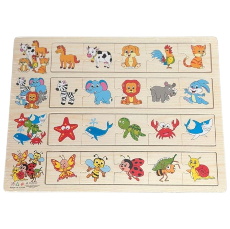 Jocuri si Jucarii - Joc educativ Plansa din lemn cu 4 categorii de puzzle de asociere, ANIMALE