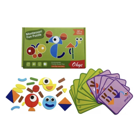 Joc educativ Tangram cu 30 piese geometrice multicolore – Montessori, +3 ani, din lemn [4]