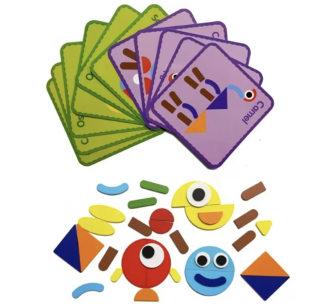 Joc educativ Tangram cu 30 piese geometrice multicolore – Montessori, +3 ani, din lemn [3]