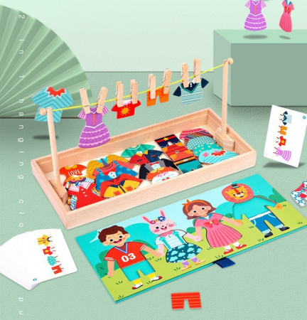 Jucarii din LEMN - de tip Montessori - Joc imbraca cei 4 prieteni cu hainutele din dulap