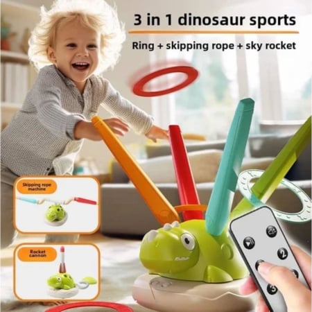 Jocuri si Jucarii - Joc interactiv de miscare 3 in 1 Dinozaur cu lansator de rachete, sarituri si aruncare de inele
