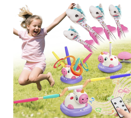 Jocuri si Jucarii - Joc interactiv de miscare 3 in 1 Unicorn cu lansator de rachete, sarituri si aruncare de inele