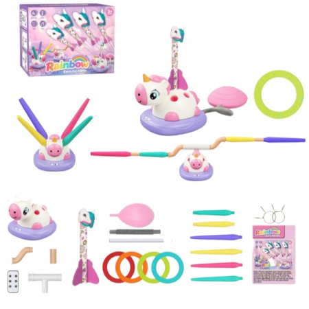 Jocuri si Jucarii - Joc interactiv de miscare 3 in 1 Unicorn cu lansator de rachete, sarituri si aruncare de inele